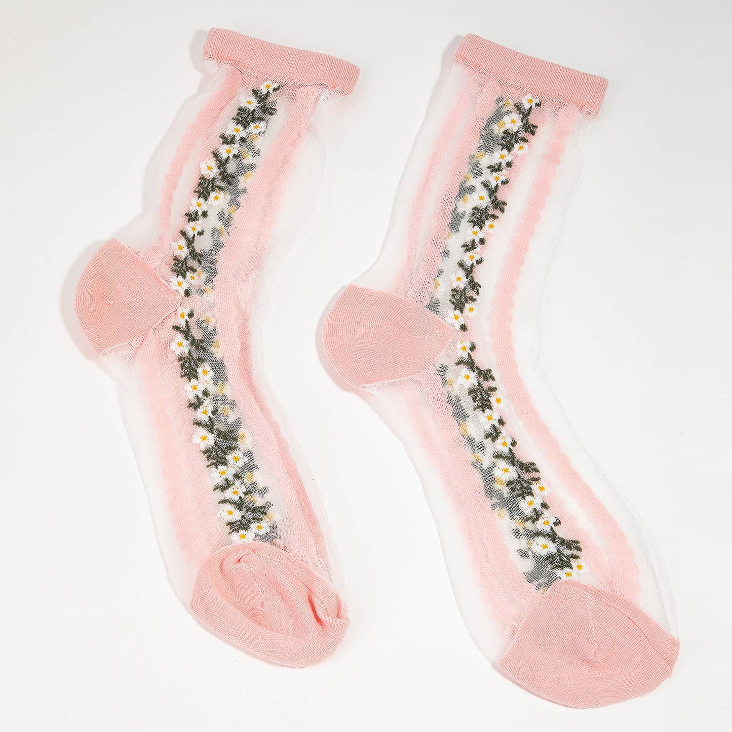 Pink Flower Print Fashion Sheer Socks