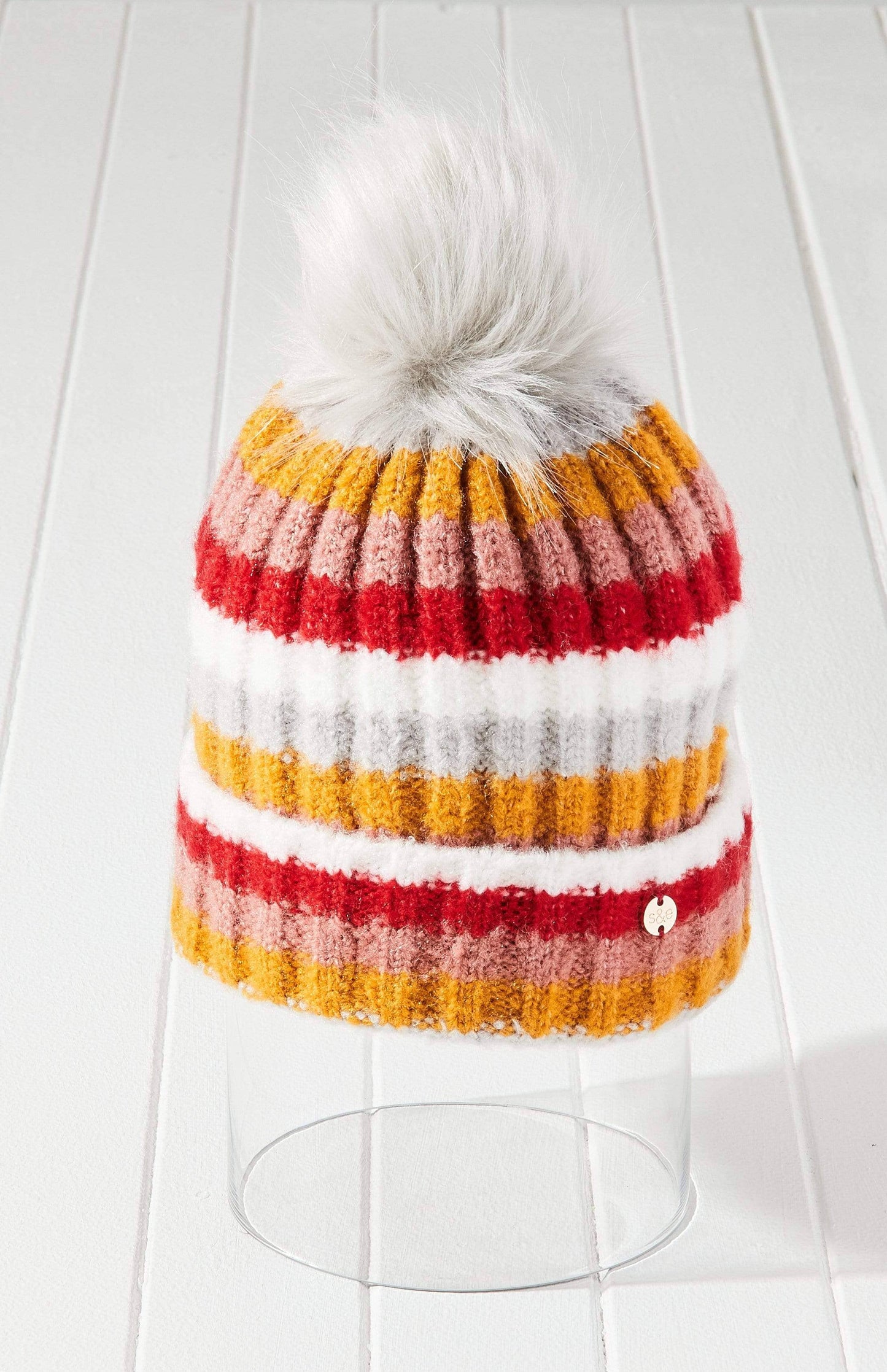 Rainbow Striped Knit Pom Beanie Hat