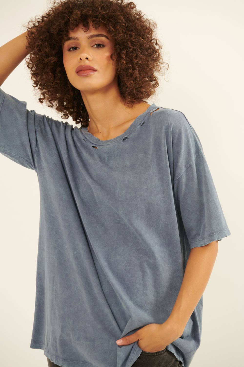 Oversize Mineral Washed Distressed Tee: Blue Indigo / L