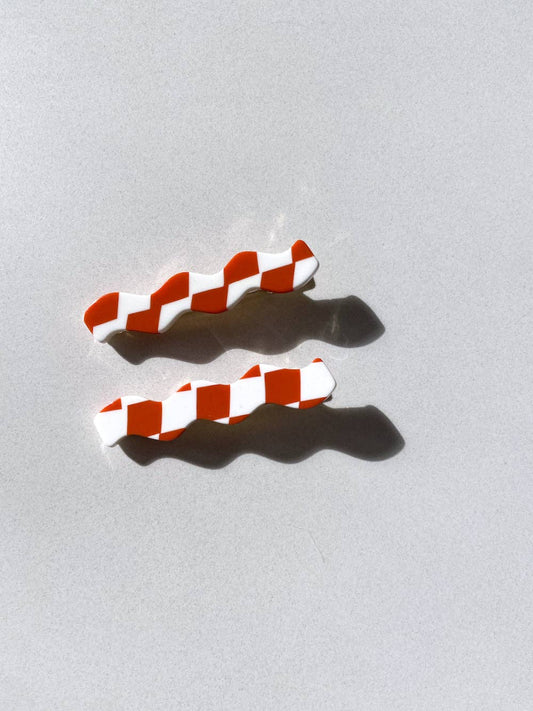 2pc Orange Checkered Hair Clip Set