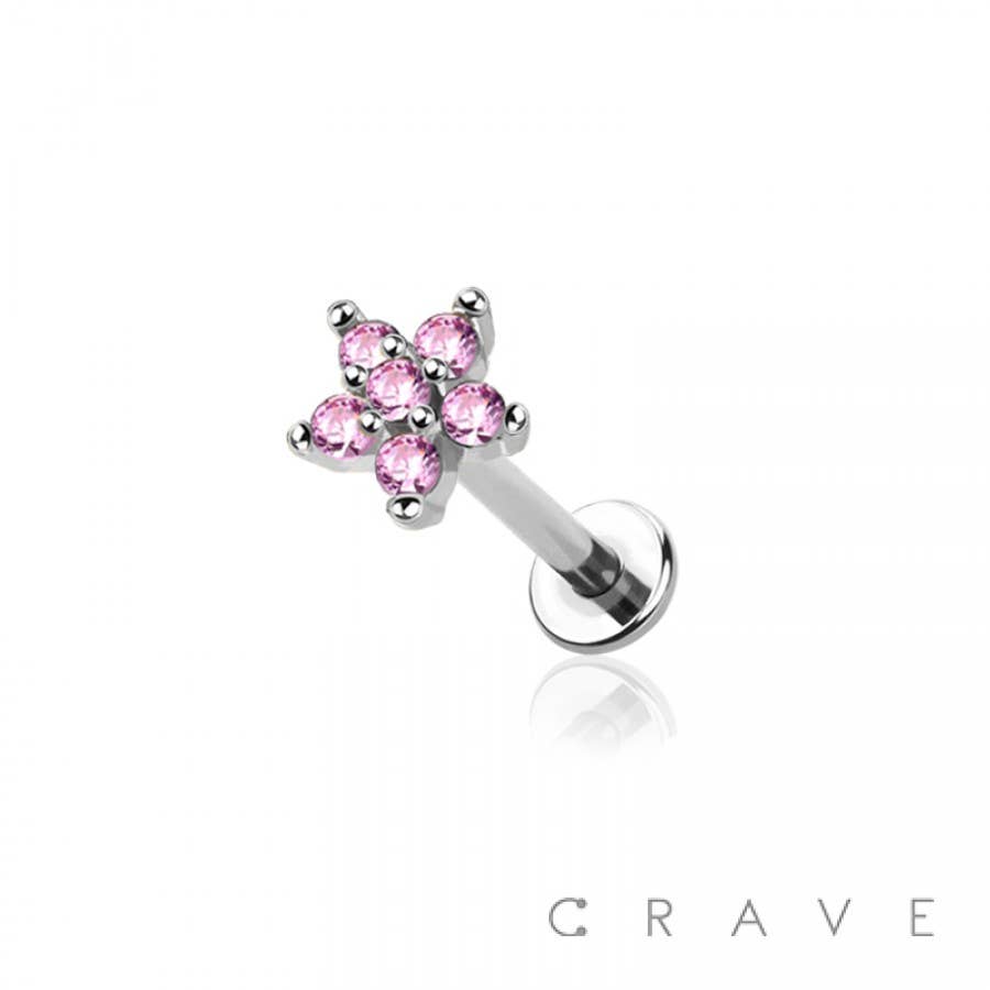 Pink Flower CZ STONE TOP 316L SURGICAL STEEL INTERNALLY THREADED