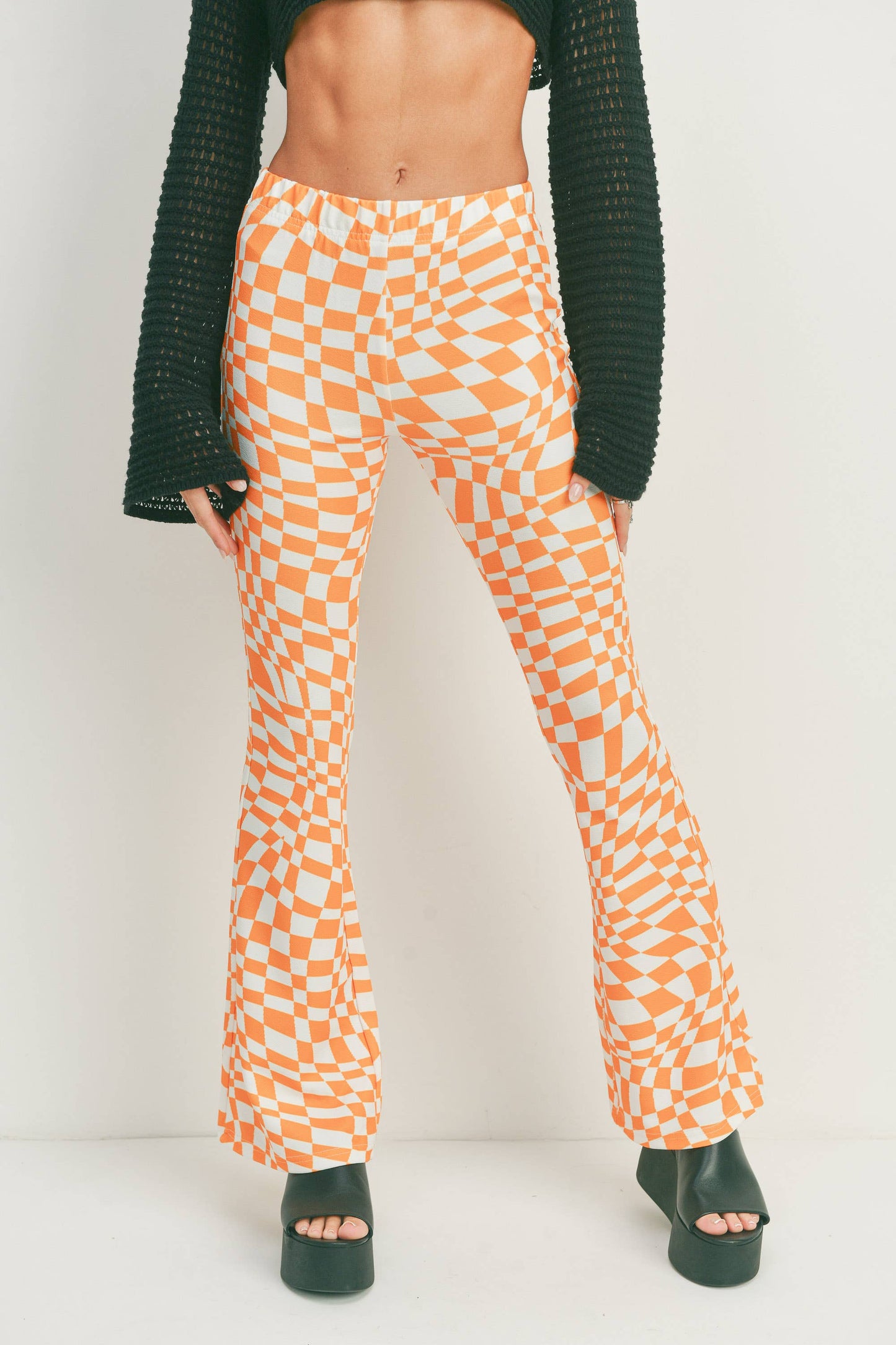 Warped Checker Print Flare Pants