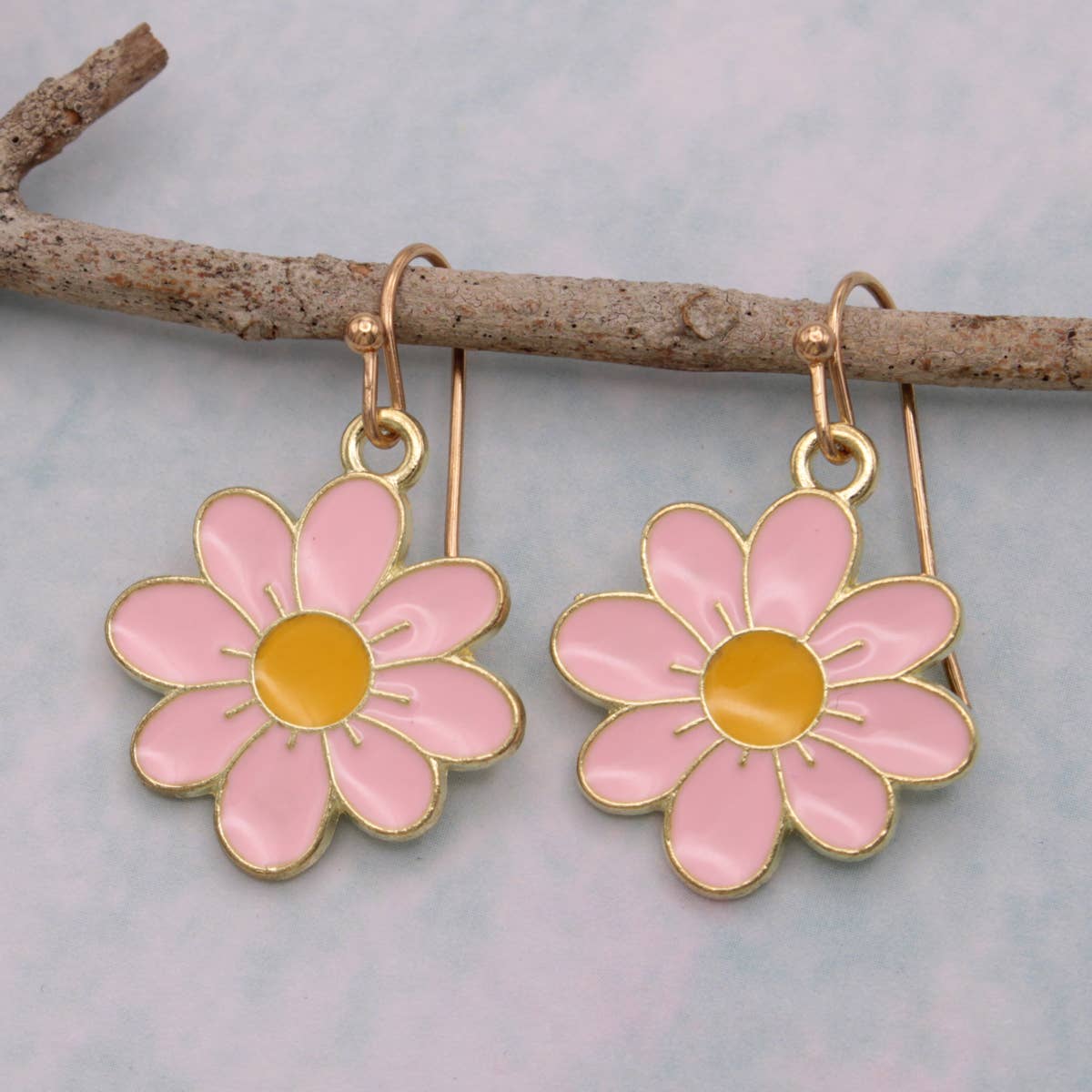 Pastel Pink Daisy Gold Enamel Earrings