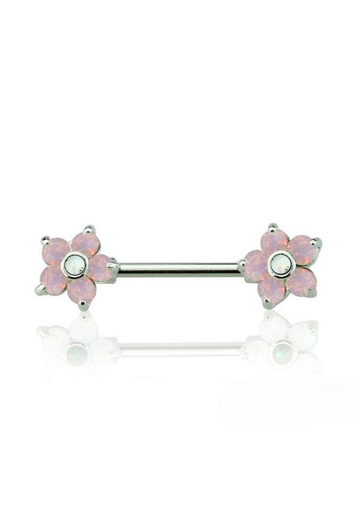 316L SS Pink & White Opal Flower Nipple Bar Set