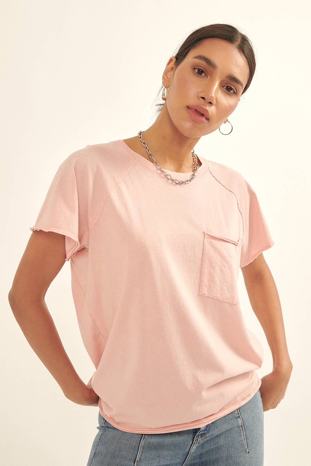 Oversize Mineral Washed Boatneck Raglan Pocket Tee: Blush / S