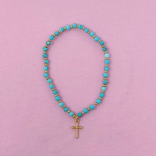 Turquoise- Stone Bead Cross Anklet