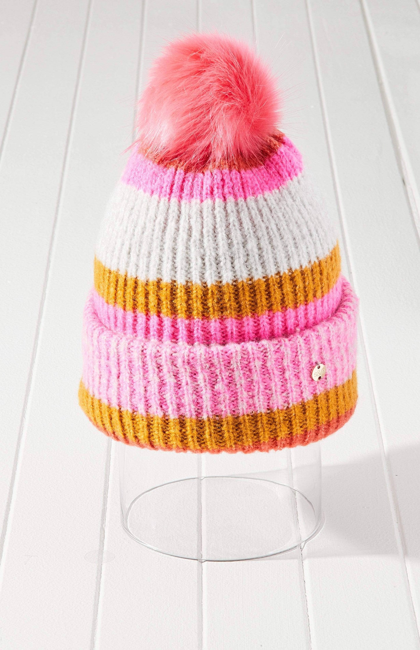 Candy Striped Knit Pom Beanie Hat